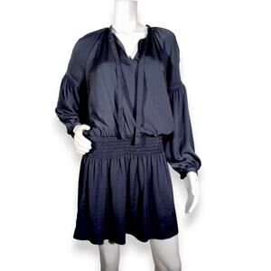 Lucky Brand Gray Long Sleeve Smocked Waist Tie Neck Dress Size Medium